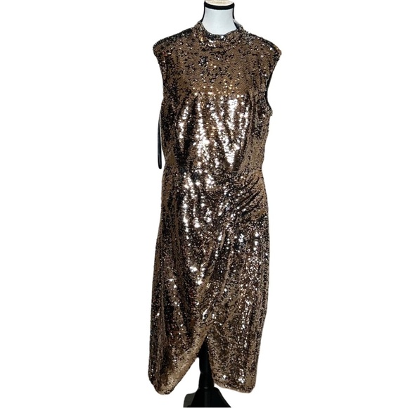Gold Sequin Midi Dress with Mock Neck - Picture 1 of 5